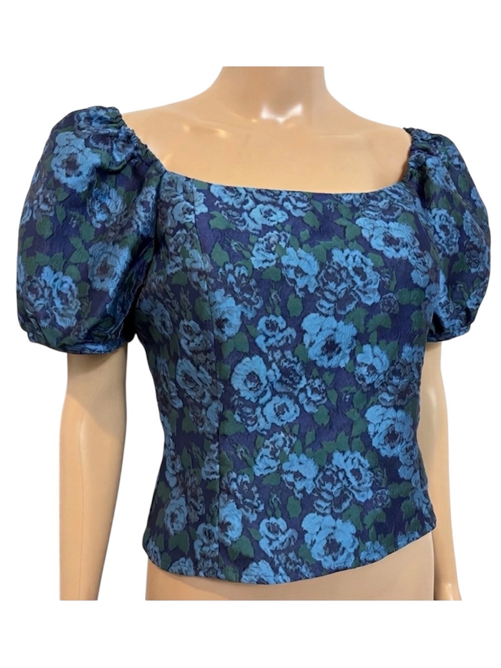 Anthropologie Puff Sleeve Blue Floral Jacquard Brocade Top New